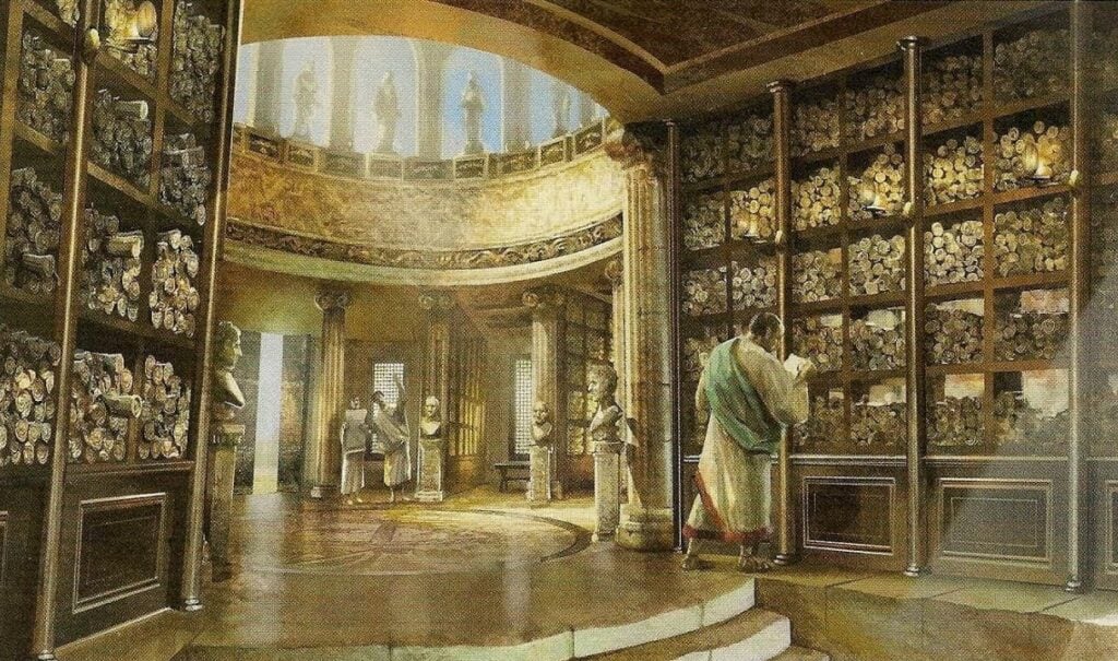 Dentro da Biblioteca de Alexandria - representação artística