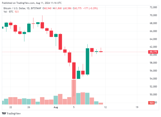 Bitcoin Hoje 11/08/2024: Preço do BTC se mantém acima de US$ 61 mil após recuperação importante