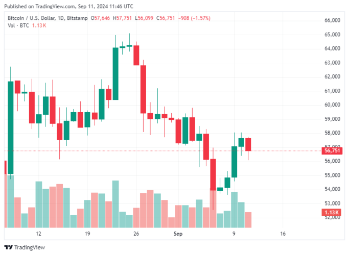 Bitcoin Hoje 11/09/2024: BTC retorna para US$ 56 mil enquanto preço reage a debate entre Trump e Harris 