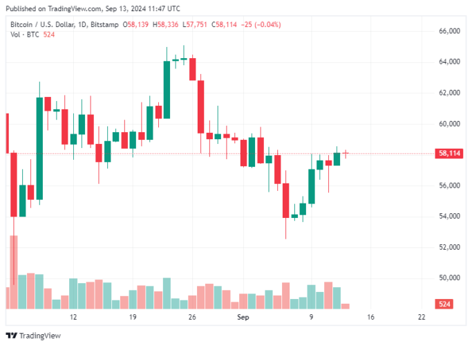 Bitcoin Hoje 13/09/2024: Preço do BTC se mantém estável acima de US$ 58 mil