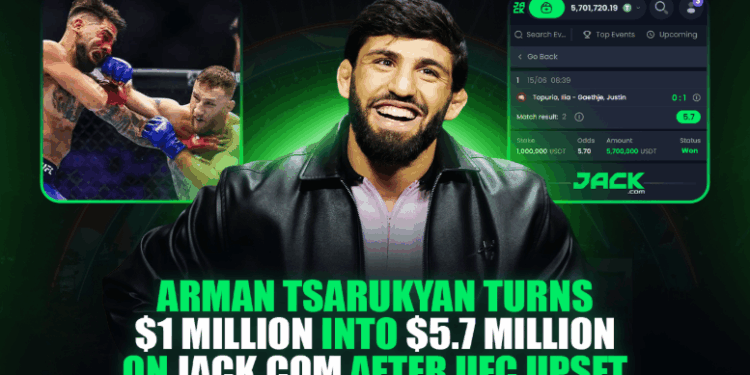 Arman Tsarukyan transforma US$ 1 milhão em US$ 5,7 milhões no Jack.com após uma das maiores zebras do UFC neste ano.